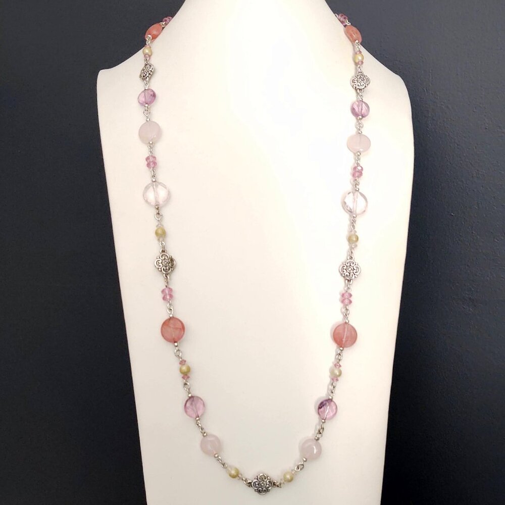 Shades of pink, purple with silver and faux pearl beaded necklace